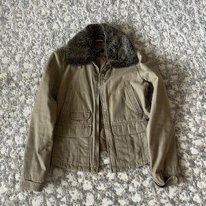 EUC Black Rivet Faux Fur Collared Full Zip Utility Jacket, Tan, Medium